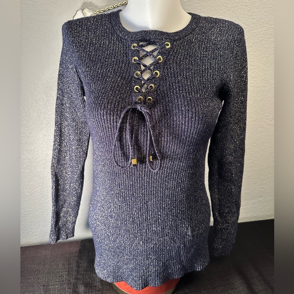 Michael Kors Navy V-Neck Sweater with Gold Accents